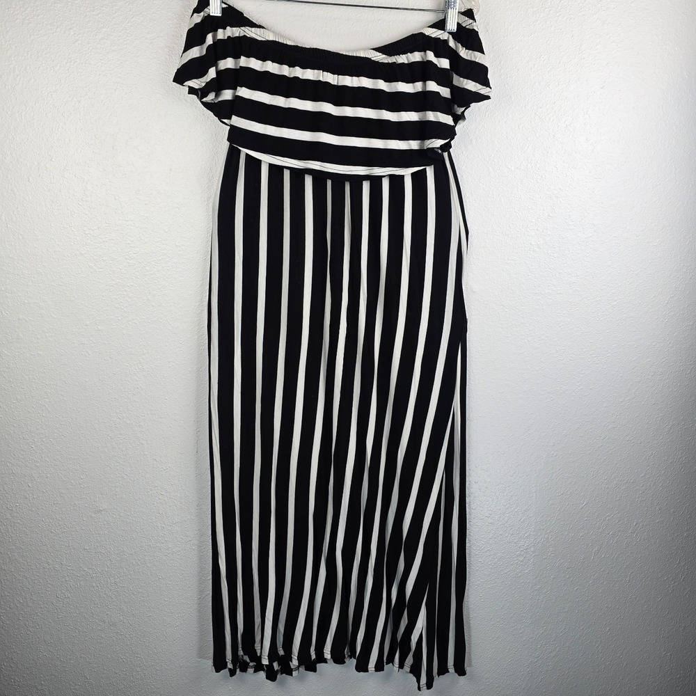 Daisy Island Off The Shoulder Dress Womens XL Black White Striped Stretch Casual